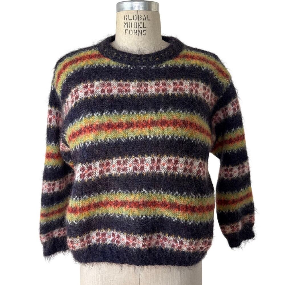 Benetton Vintage Mohair Blend Fair Isle Sweater Size Small Striped